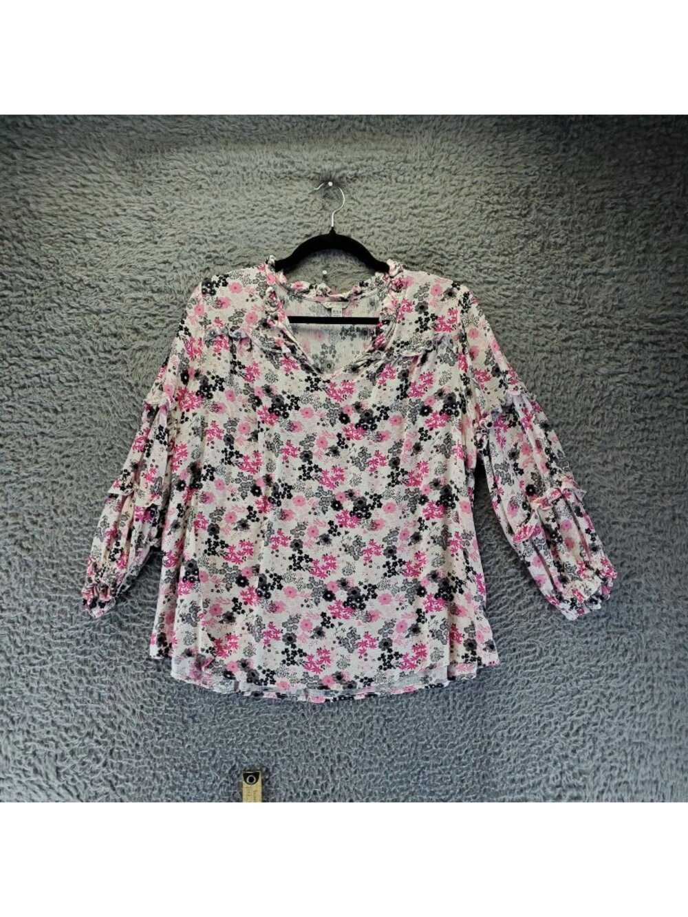 Cato Top Womens 14/16W Pink Floral 3/4 Sleeve V Neck Boho Blouse